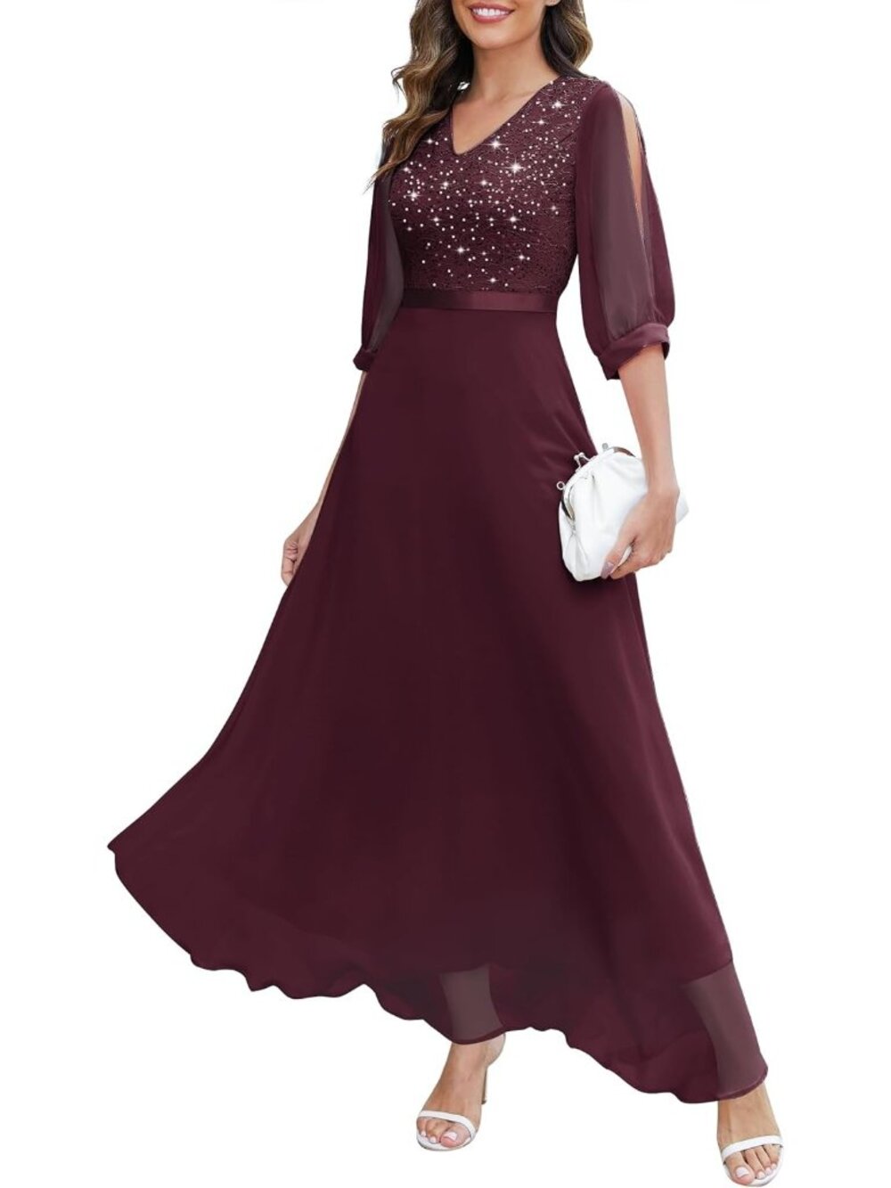 Women's Burgundy Sequin Sparkly Glitter Split Sleeves Formal Bodycon Maxi Dress